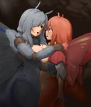  2girls antennae asymmetrical_docking breasts brown_eyes cleavage extra_arms face-to-face female fur ganima grey_eyes grey_hair hair_over_one_eye insect_girl large_breasts medium_breasts monster_girl moth_girl moth_wings multiple_girls nude original profile red_hair wings yuri 