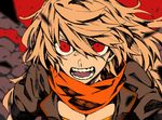  angry blonde_hair breasts cleavage commentary hosomitimiti large_breasts long_hair looking_at_viewer open_mouth red_background red_eyes rwby scarf solo teeth yang_xiao_long 