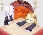  abigail_williams_(fate/grand_order) bags_under_eyes bangs black_bow black_dress blonde_hair blue_eyes blush bow closed_mouth commentary_request dress eyebrows_visible_through_hair fate/grand_order fate_(series) food food_on_head fruit hair_between_eyes hair_bow highres kotatsu lavinia_whateley_(fate/grand_order) long_hair long_sleeves mandarin_orange multiple_girls no_hat no_headwear nose_blush object_on_head orange_bow pale_skin parted_bangs pink_eyes polka_dot polka_dot_bow silver_hair sleeves_past_fingers sleeves_past_wrists table wide-eyed yasuhisa_(18456628) 