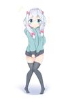  1girl absurdres bangs black_legwear blue_eyes blush bow closed_mouth clothes_tug commentary_request covering covering_crotch eromanga_sensei eyebrows_visible_through_hair full_body green_jacket hair_between_eyes hair_bow highres hood hood_down hooded_jacket izumi_sagiri jacket jacket_tug knees_together_feet_apart looking_at_viewer no_shoes pink_bow silver_hair solo standing tears thighhighs tiptoes white_background yasuhisa_(18456628) 