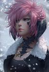  au_ra bangs black_jacket black_shirt blurry breasts chuby_mi cleavage cross cross_necklace depth_of_field final_fantasy final_fantasy_xiv fur_collar gold_necklace hair_over_one_eye highres jacket jewelry lips looking_afar medium_breasts necklace nose open_clothes open_jacket parted_lips pink_eyes pink_hair pink_lips realistic shirt snowing solo unzipped 