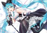  :d bangs black_bow blue_bow blue_eyes blue_hair boots bow dress frilled_dress frills gijang gloves hair_bow hatsune_miku headphones long_hair looking_at_viewer magical_mirai_(vocaloid) microphone microphone_stand necktie open_mouth skirt sleeveless sleeveless_dress smile solo twintails very_long_hair vocaloid white_gloves 