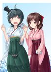  ahoge arms_up bangs black_hair breasts brown_hair can closed_mouth commentary_request drill_hair eyebrows_visible_through_hair grey_eyes hair_ribbon hakama_skirt harukaze_(kantai_collection) hat highres japanese_clothes kantai_collection kimono matsukaze_(kantai_collection) mayura2002 medium_breasts meiji_schoolgirl_uniform multiple_girls nata_de_coco open_mouth parted_bangs prank red_eyes ribbon short_hair smile top_hat 