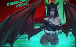  absurdres alternate_costume amulet black_hair black_nails breasts character_name cleavage cupping_hands demon_girl demon_horns demon_wings dreadlord_jaina fingernails green_eyes green_sclera heroes_of_the_storm highres horns jaina_proudmoore large_breasts lips long_hair looking_at_viewer low_wings monori_rogue nail_polish navel pink_skin pointy_ears scar scar_across_eye sharp_fingernails solo torn_clothes wading warcraft wings world_of_warcraft 