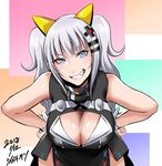  bent_over blue_eyes breasts cleavage cleavage_cutout eyebrows_visible_through_hair grin hair_ornament hands_on_hips kaguya_luna kaguya_luna_(character) large_breasts looking_at_viewer shibusun silver_hair sleeveless smile twintails virtual_youtuber 