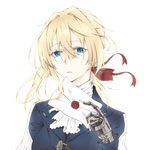  absurdres ascot blonde_hair blue_eyes blue_jacket hair_ribbon highres holding jacket looking_at_viewer mail mechanical_arms prosthesis prosthetic_arm red_ribbon ribbon shenwuyue_xiaoye short_hair solo violet_evergarden violet_evergarden_(character) 