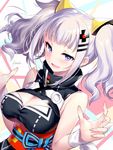  :d bare_shoulders blue_eyes blush breasts center_opening cleavage eyebrows_visible_through_hair half-closed_eyes kaguya_luna kaguya_luna_(character) kousaki_rui large_breasts nail_polish obi open_mouth sash silver_hair smile solo twintails upper_body virtual_youtuber 