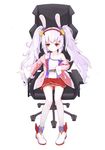  absurdres animal_ears azur_lane bangs bare_shoulders blush boots bunny_ears camisole chair chenran_tiantang closed_mouth collarbone commentary_request hair_ornament hairband high_heel_boots high_heels highres jacket laffey_(azur_lane) long_hair long_sleeves off_shoulder office_chair on_chair open_clothes open_jacket panties pantyshot pantyshot_(sitting) pigeon-toed pink_jacket pleated_skirt red_eyes red_hairband red_skirt sidelocks silver_hair sitting skirt solo strap_slip striped striped_panties thighhighs twintails underwear very_long_hair white_background white_camisole white_footwear white_legwear 