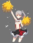  alternate_costume arm_up armpits ascot bare_shoulders cheerleader chestnut_mouth closers cropped_legs eyebrows_visible_through_hair flat_chest grey_background grey_hair highres looking_at_viewer navel navel_cutout orange_eyes pom_poms side_ponytail simple_background skirt sleeveless solo sparkle supernew suspender_skirt suspenders tina_(closers) 