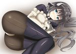  1girl apron artist_request ass black_hair blue_eyes blush bodysuit breasts cameltoe gloves headgear horizon_ariadust kyoukaisenjou_no_horizon long_hair looking_at_viewer lying medium_breasts on_side pantyhose shiny shiny_clothes shiny_hair smile solo thighhighs very_long_hair 