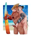  2boys anal bara beach facial_hair hanzo_(overwatch) hat mccree_(overwatch) multiple_boys muscle nude outdoors overwatch penetration piercing scar sex yaoi 