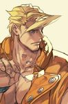  blonde_hair charlie_nash closed_mouth fingernails glasses hand_up hankuri holding jacket looking_to_the_side male_focus muscle orange_jacket shadow solo street_fighter yellow_background 