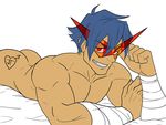  1boy ass blue_hair body_writing glasses jaytee lying male_focus muscle nude smile solo teeth 