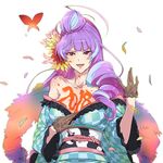  2018 black_gloves blue_hair blue_kimono bodypaint breasts checkered checkered_kimono cleavage collarbone commentary_request don_(rg06268) gloves highres japanese_clothes kimono large_breasts long_hair looking_at_viewer macross macross_delta mikumo_guynemer multicolored_hair off_shoulder open_mouth purple_hair red_eyes sash shiny shiny_hair shiny_skin simple_background solo two-tone_hair very_long_hair white_background 