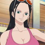  1girl animated animated_gif black_hair blue_eyes breasts cleavage large_breasts long_hair nico_robin one_piece smile 