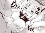  1girl areolae armpits arms_up blush bound bound_wrists breast_grab breast_squeeze breasts chained_wrists clothed_sex commentary_request cum dress ejaculation eyebrows_visible_through_hair grabbing greyscale groping half-closed_eyes hetero huge_breasts kaguya_luna kaguya_luna_(character) monochrome nipples nose_blush open_mouth paizuri paizuri_under_clothes penis restrained saliva sleeveless sleeveless_dress smile sweat tears twintails uni8 virtual_youtuber 