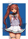  :d absurdres anchor arms_behind_back artist_name bare_shoulders blush brown_eyes brown_hair commentary cowboy_shot dark_skin dress eyebrows_visible_through_hair fang hair_ornament hair_ribbon highres kantai_collection libeccio_(kantai_collection) long_hair looking_at_viewer open_mouth ribbon sailor_dress simple_background smile solo terupancake thigh_strap thighs twintails twitter_username very_long_hair white_dress 