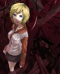  1girl apron blonde_hair boots commentary_request hat heather_mason helmet jacket miniskirt monster pyramid_head sakaki_kage short_hair silent_hill silent_hill_(movie) skirt vest 