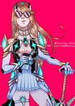  armor blonde_hair blush breasts cleavage dress gloves hikari_(xenoblade_2) josieg_(dawning_skye) large_breasts long_hair looking_at_viewer solo sunglasses sword weapon white_background xenoblade_(series) xenoblade_2 