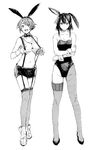  alternate_costume animal_ears bare_shoulders bow bowtie breasts bunny_ears bunny_girl bunny_tail bunnysuit cleavage commentary_request detached_collar fake_animal_ears fishnet_pantyhose fishnets full_body greyscale hair_ornament hairband hiro_(chumo) kantai_collection large_breasts leotard looking_at_viewer midriff monochrome multiple_girls mutsu_(kantai_collection) open_mouth pantyhose short_hair smile standing strapless strapless_leotard tail wrist_cuffs yamashiro_(kantai_collection) 