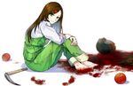  apple barefoot blood bloody_clothes bloody_feet bloody_hair brown_hair dungarees elysion food fruit full_body gijang green_eyes hair_ornament hairclip long_hair looking_at_viewer overalls severed_head sickle sound_horizon yield 