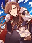  blush_stickers brown_eyes brown_hair cape cloud cloudy_sky day eyebrows_visible_through_hair gloves granblue_fantasy hair_ornament hairband hood looking_at_viewer navel nozomu144 sky smile solo song_(granblue_fantasy) wind 