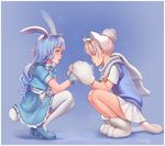  animal_ears apron blue_dress blue_hair blue_sweater breath bunny_ears bunny_tail cat_ears cat_tail cold dress elin_(tera) gloves green_eyes hair_bun highres holding_hands long_hair maid mary_janes mavoly multiple_girls paw_gloves paw_shoes paws red_eyes scarf shirt shoes short_hair silver_hair skirt squatting sweater sweater_vest tail tera_online thighhighs white_gloves white_legwear white_scarf white_shirt white_skirt 