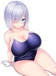  arm_support blue_eyes blue_swimsuit blush breasts cleavage collarbone competition_school_swimsuit fat_folds from_above gloves hair_ornament hair_over_one_eye hairclip hamakaze_(kantai_collection) highres huge_breasts impossible_clothes kantai_collection large_breasts looking_at_viewer looking_up one-piece_swimsuit plump shadow short_hair silver_hair sitting skindentation solo swimsuit thick_thighs thighs tsukumiya_amane white_gloves 