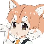  2018 :o animal_ears brown_eyes chinese_zodiac collared_shirt commentary_request dog dog_(kemono_friends) dog_ears elbow_gloves gloves kemono_friends kisachi multicolored_hair necktie official_style shirt simple_background tatsuki_(irodori)_(style) white_background year_of_the_dog 