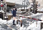  bag brown_eyes brown_hair chain-link_fence city fence footprints hand_up hood kneehighs kyoto loafers looking_back original pleated_skirt railroad_crossing railroad_tracks real_world_location sakeharasu school_bag school_uniform shoes skirt snow snowing solo winter winter_uniform 