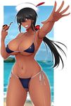  1girl beach bikini black_hair blue_eyes blush breasts cameltoe cleavage curvy grin hat kimura_naoki large_breasts long_hair looking_at_viewer navel ocean ponytail smile solo standing swimsuit 