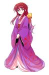  alphes_(style) bangs bow closed_mouth coat dairi floral_print full_body hair_between_eyes hair_bow hands_together highres japanese_clothes kimono kotohime long_hair long_sleeves looking_away looking_to_the_side low-tied_long_hair obi open_clothes open_coat parody purple_coat red_eyes red_hair sash smile solo standing style_parody touhou touhou_(pc-98) transparent_background v_arms white_kimono wide_sleeves yellow_bow 