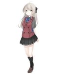  arms_at_sides black_bow black_legwear black_skirt blush bow brown_footwear full_body green_eyes grey_hair hair_bow highres kneehighs lauryl loafers long_hair looking_at_viewer original red_vest school_uniform shoes skirt smile solo standing transparent_background vest 