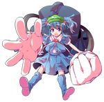  :d alphes_(style) backpack bag bangs bare_arms blue_footwear blue_hair blue_shirt blue_skirt boots collared_shirt dairi eyebrows eyebrows_visible_through_hair full_body green_hat hair_bobbles hair_ornament hat kawashiro_nitori key legs_apart looking_at_viewer open_mouth parody pocket puffy_short_sleeves puffy_sleeves purple_eyes rubber_boots shirt short_hair short_sleeves sidelocks skirt skirt_set smile solo style_parody tareme touhou transparent_background two_side_up undershirt white_shirt wrench 