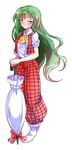  alphes_(style) ascot bangs bare_arms blush breasts closed_mouth closed_umbrella collared_shirt dairi eyebrows eyebrows_visible_through_hair frown full_body green_eyes green_hair half-closed_eyes highres kazami_yuuka kazami_yuuka_(pc-98) long_hair medium_breasts open_clothes open_vest pants parody plaid plaid_pants plaid_vest pocket puffy_short_sleeves puffy_sleeves red_pants red_vest shirt short_sleeves socks solo standing style_parody tears touhou touhou_(pc-98) transparent_background umbrella vest white_legwear white_shirt white_umbrella yellow_neckwear 