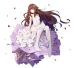  asa_ni_haru breasts brown_eyes brown_hair dress forever_7th_capital highres long_hair petals simple_background sitting small_breasts solo thighhighs very_long_hair white_background white_legwear 