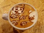  bear bkub_(style) coffee colopl commentary cup drink facial_hair george_(yamamoto_kazuki) hat highres latte_art mario mario_(series) mustache parody photo pointing poptepipic style_parody super_mario_bros. table teacup unconventional_media 