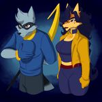  anthro blue_hair canine carmelita_fox clothing ear_piercing female fox fur gloves hair male mammal mask piercing procyonid raccoon sly_cooper sly_cooper_(series) smile video_games vixcoon 