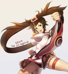  alternate_color bare_shoulders black_panties breasts brown_eyes brown_hair china_dress chinese_clothes clenched_hands commentary_request covered_navel covered_nipples detached_sleeves dress fighting_stance groin guilty_gear guilty_gear_xrd hair_tubes highres impossible_clothes impossible_dress k1_(erin22) kuradoberi_jam large_breasts long_hair panties pantyshot player_2 solo underwear very_long_hair 