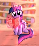  2014 blurred_background book bookcase cute english_text equine everlastingderp eyelashes feathered_wings feathers female friendship_is_magic full-length_portrait hair hi_res horn inside levitation library looking_at_viewer magic makeup mammal mascara multicolored_hair my_little_pony nude portrait purple_eyes reading sitting smile solo sparkles text twilight_sparkle_(mlp) watermark winged_unicorn wings 