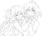  2boys ^_^ astolfo_(fate) braid couple eyes_closed fate/apocrypha fate_(series) greyscale hair_intakes hair_ribbon hand_holding highres hood hooded_jacket hoodie interlocked_fingers jacket kiminitokimeki male_focus monochrome multiple_boys open_clothes open_jacket open_mouth ribbon sieg_(fate/apocrypha) single_braid smile trap waistcoat 