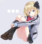  1girl :p absurdres bangs black_bow black_legwear black_skirt blonde_hair blue_eyes blush bow cardigan closed_mouth crossed_legs eyebrows_visible_through_hair grey_background hair_bow highres jacket jimmy kneehighs leg_hug loafers looking_at_viewer open_clothes open_jacket original pleated_skirt red_bow school_uniform shoes short_hair sidelocks simple_background skirt sleeves_past_wrists smile solo thighs tongue tongue_out track_jacket 