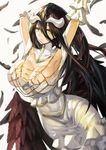  1girl ahoge albedo armpits arms_up bare_shoulders black_hair black_wings breasts cleavage cowboy_shot demon_girl demon_horns dress elbow_gloves eyelashes feathers female gloves hair_between_eyes horns jewelry large_breasts long_hair looking_at_viewer low_wings off-shoulder_dress overlord_(maruyama) parted_lips riko_(ccllnnhh) simple_background solo very_long_hair white_background white_dress white_gloves wings yellow_eyes 