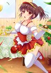  bad_id bad_pixiv_id blush brown_eyes brown_hair cheese_salami elbow_gloves food fork gloves hamburger indoors moe2016 original plant potted_plant red_footwear red_skirt short_hair short_ponytail skirt solo standing standing_on_one_leg table thighhighs tomato tray visor waitress white_legwear 