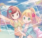  bikini bikini_skirt bikini_top blonde_hair blue_flower blue_jacket blue_sky braid brown_eyes brown_hair cloud day flower french_braid green_eyes hair_flower hair_ornament hand_on_another's_back high_ponytail hood hoodie huwatannpopo jacket leaf lillie_(pokemon) looking_at_viewer mizuki_(pokemon) multiple_girls navel ocean open_clothes open_jacket open_mouth pink_flower pokemon pokemon_(game) pokemon_sm ponytail reaching_out see-through self_shot shirt short_sleeves sky smile striped_bikini_top sweat swimsuit tied_shirt tree water white_bikini yellow_shirt 