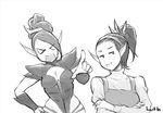  bracer commentary crossed_arms dark_eldar greyscale hair_ornament lutherniel monochrome mother_and_daughter multiple_girls pointing pointy_ears ponytail pout scolding warhammer_40k 