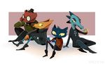  2018 alligator alternate_form angus_(nitw) anthro bea_(nitw) bear boots brown_fur canine cat cigarette clothed clothing crocodile crocodilian eyewear feline female footwear fox fully_clothed fur glasses gregg_(nitw) happy hat jacket mae_(nitw) male mammal night_in_the_woods notched_ear null_symbol open_mouth open_smile reptile scalie scrii simple_background smile smoking 