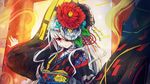  :o bandages eyepatch flower hair_flower hair_ornament highres japanese_clothes kajaneko long_hair looking_at_viewer original red_eyes silver_hair torii upper_body wide_sleeves 