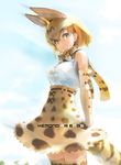  animal_ears arms_behind_back blonde_hair bow bowtie chikuwa_(tks) cloud copyright_name cowboy_shot elbow_gloves extra_ears from_below gloves highres kemono_friends looking_at_viewer looking_to_the_side orange_eyes scarf serval_(kemono_friends) serval_ears serval_print serval_tail skirt sky smile solo tail thighhighs 
