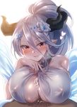  1girl after_paizuri bare_shoulders blush breasts covered_nipples cum cum_on_body cum_on_breasts cum_on_upper_body draph eyebrows_visible_through_hair flower granblue_fantasy hair_between_eyes hair_flower hair_ornament head_tilt heart hetero high_ponytail highres horns huge_breasts izmir lavender_hair looking_at_viewer male_pubic_hair mika_(1020mk) mole mole_under_mouth paizuri parted_lips pointy_ears pubic_hair red_eyes smile sweat v-shaped_eyebrows white_background 
